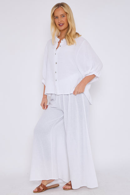 WASHED LINEN GRANDDAD COLLARED TOP