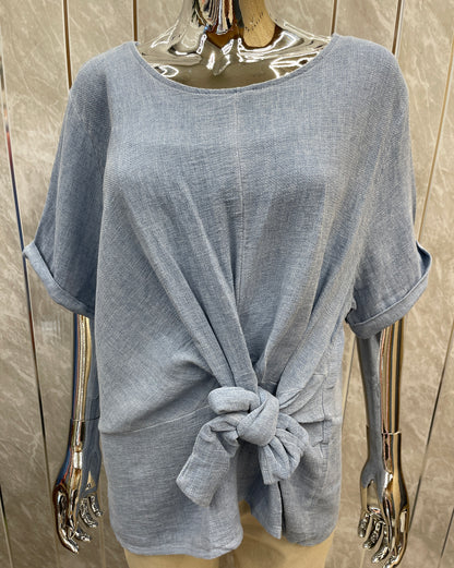 WASHED LINEN RUCHED TIE FRONT TOP