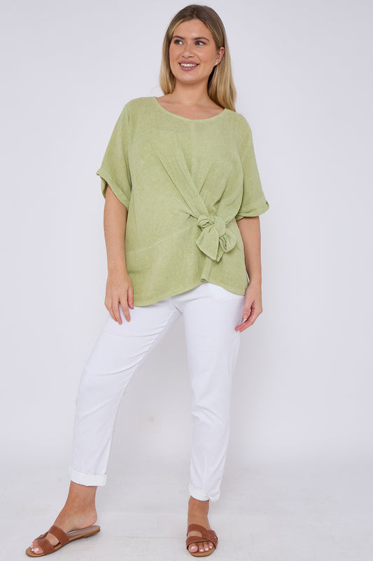WASHED LINEN RUCHED TIE FRONT TOP