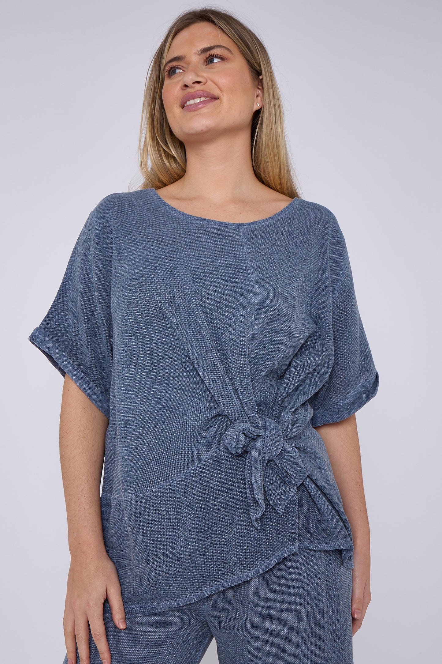 WASHED LINEN RUCHED TIE FRONT TOP