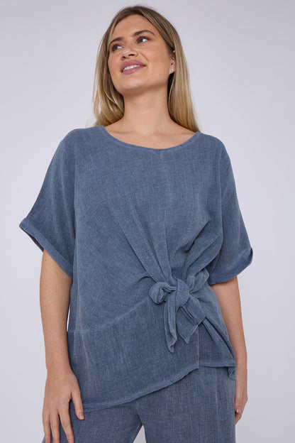 WASHED LINEN RUCHED TIE FRONT TOP