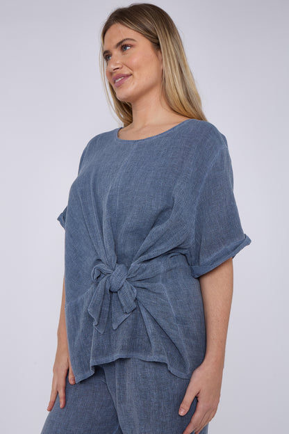 WASHED LINEN RUCHED TIE FRONT TOP