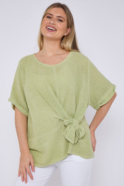 WASHED LINEN RUCHED TIE FRONT TOP