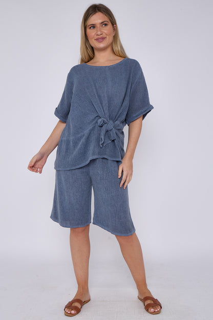 WASHED LINEN RUCHED TIE FRONT TOP