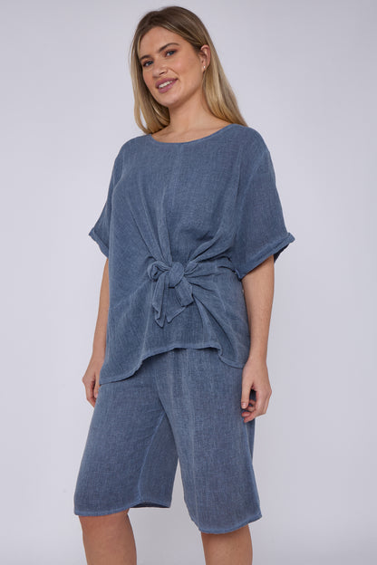 WASHED LINEN RUCHED TIE FRONT TOP