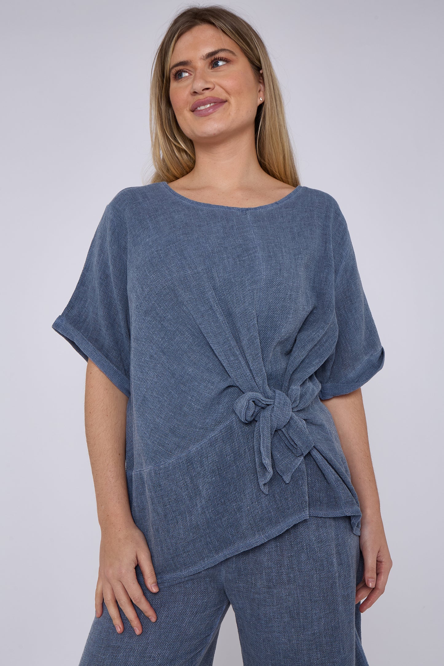 WASHED LINEN RUCHED TIE FRONT TOP