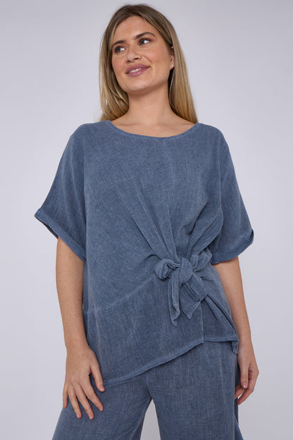WASHED LINEN RUCHED TIE FRONT TOP