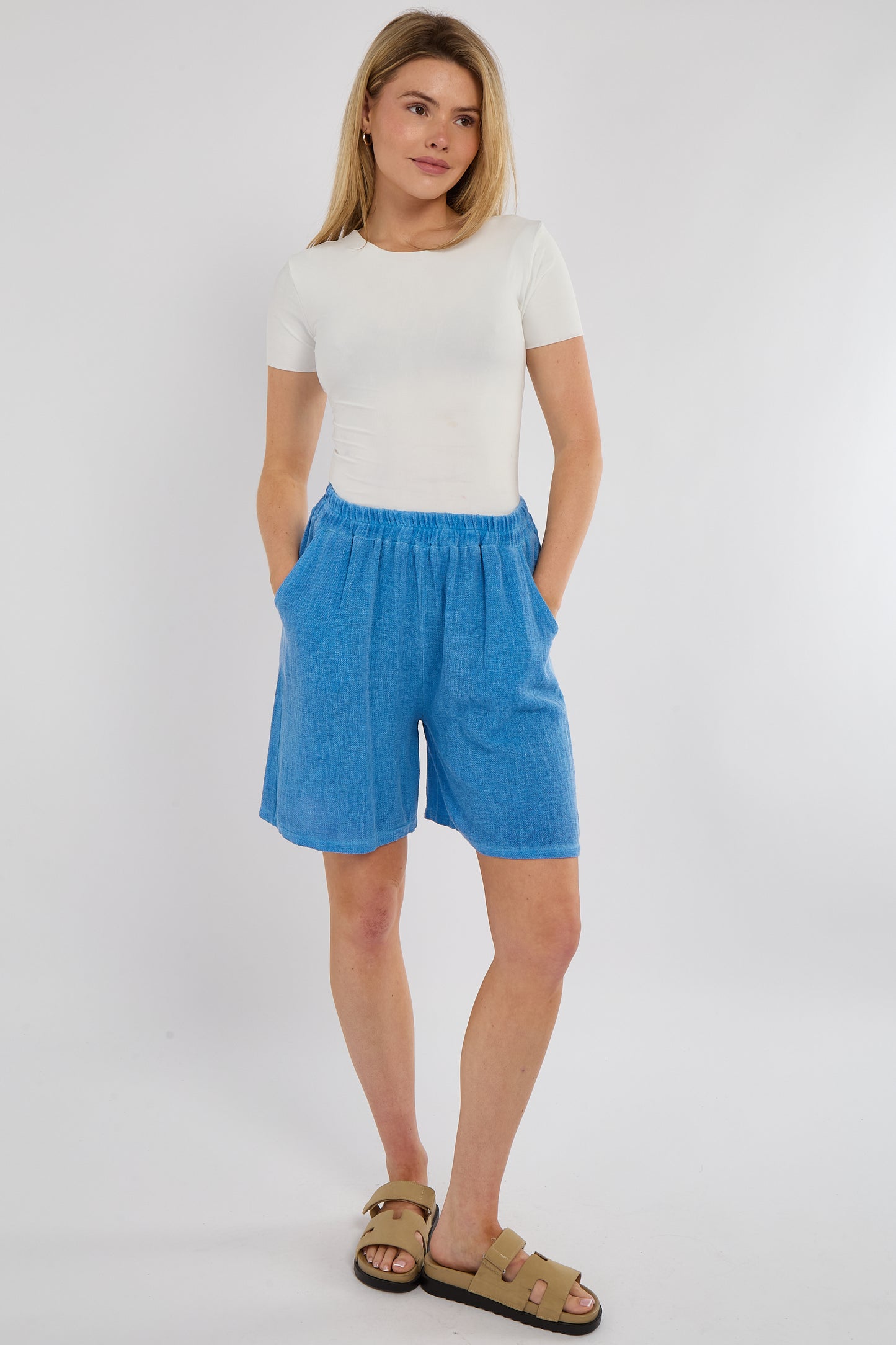 WASHED LINEN ELASTICATED WAIST TWO POCKETS SHORTS