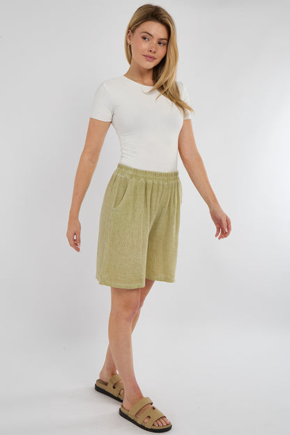 WASHED LINEN ELASTICATED WAIST TWO POCKETS SHORTS