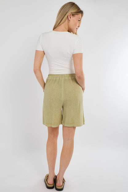 WASHED LINEN ELASTICATED WAIST TWO POCKETS SHORTS