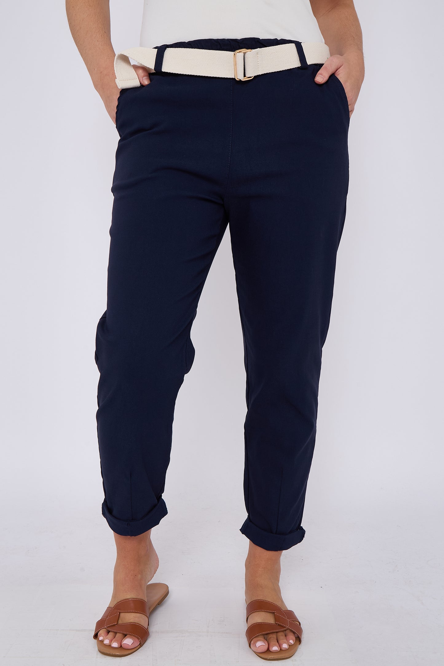 PLAIN BELTED ELASTICATED WAIST BELTED TROUSERS