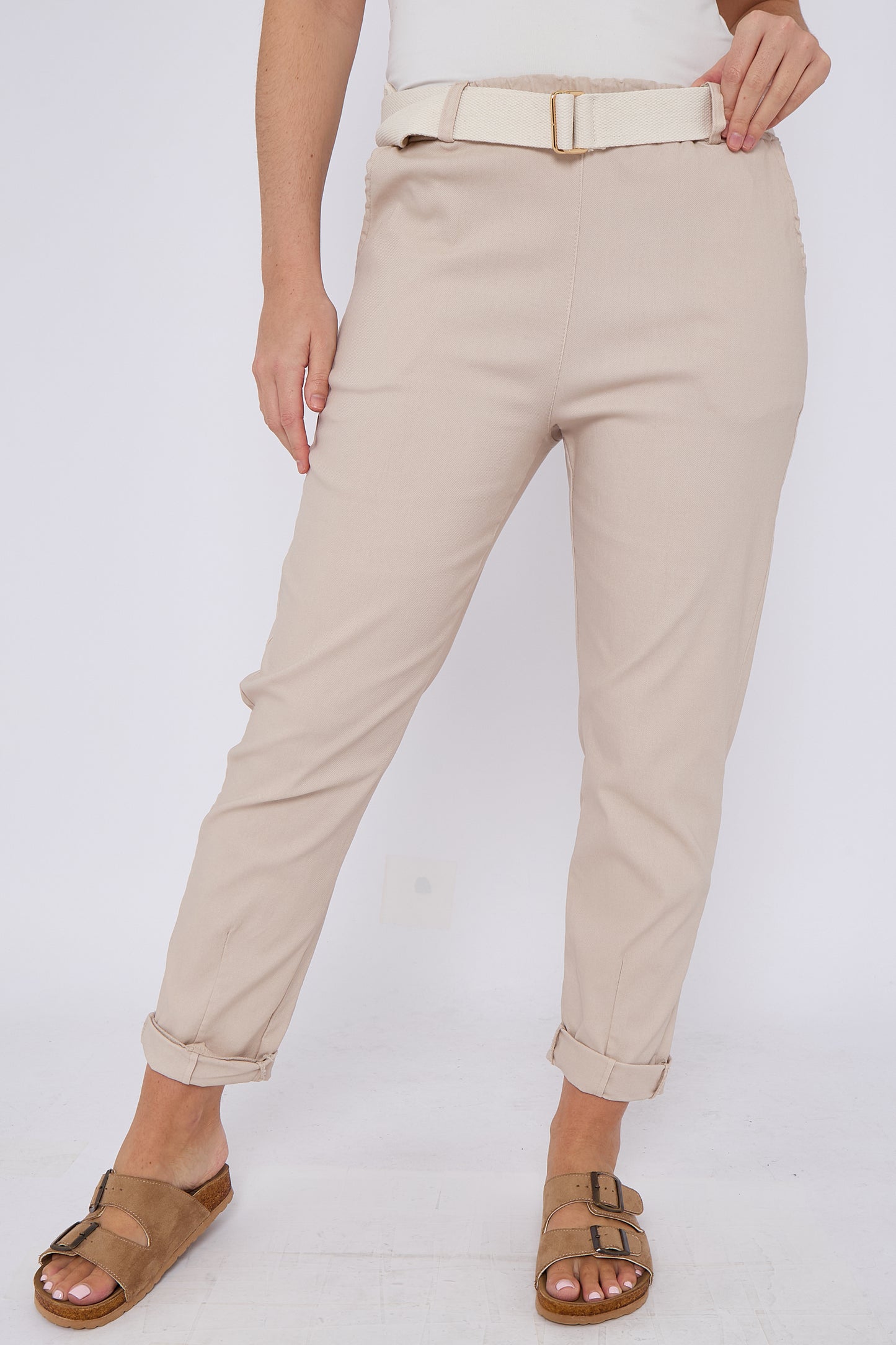 PLAIN BELTED ELASTICATED WAIST BELTED TROUSERS