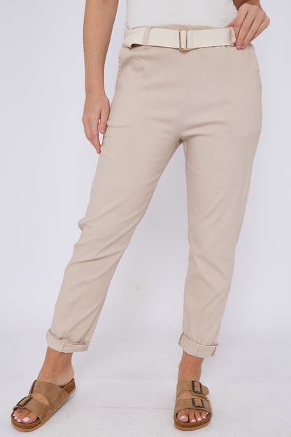 PLAIN BELTED ELASTICATED WAIST BELTED TROUSERS