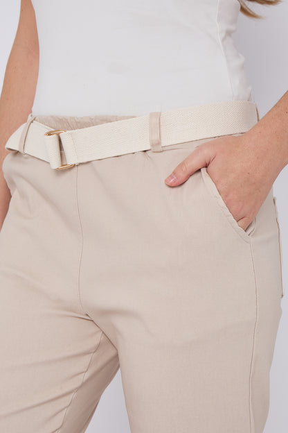 PLAIN BELTED ELASTICATED WAIST BELTED TROUSERS