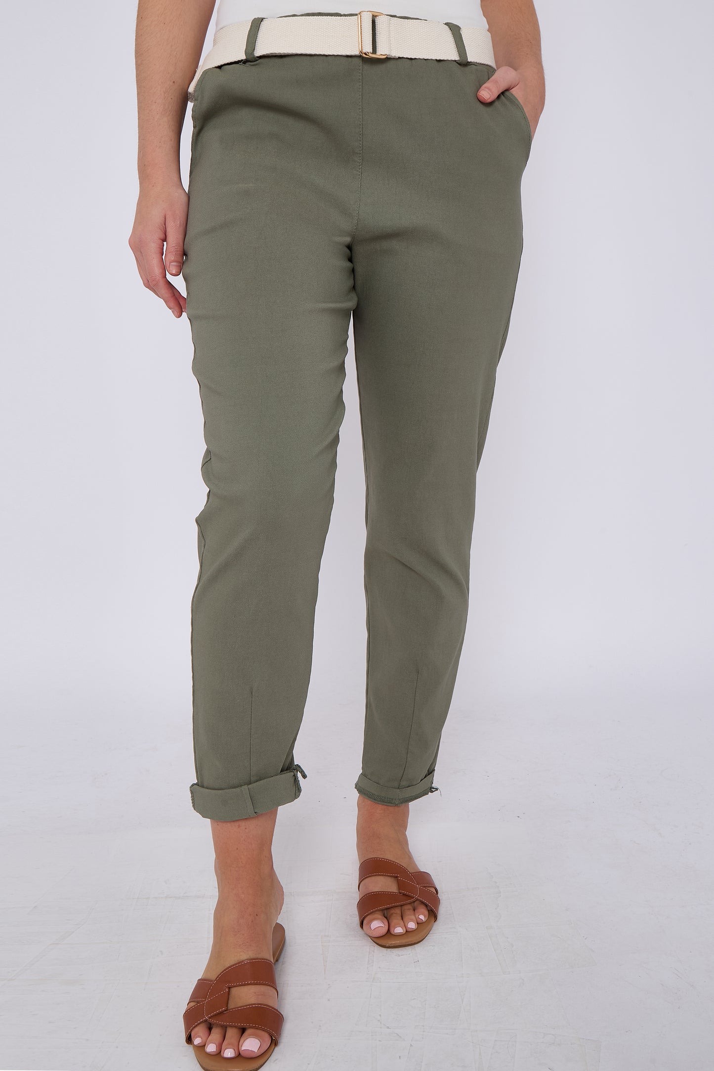 PLAIN BELTED ELASTICATED WAIST BELTED TROUSERS