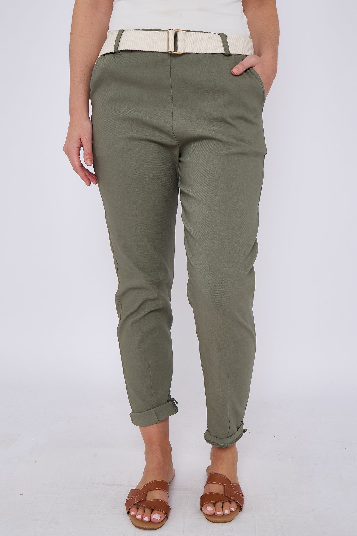 PLAIN BELTED ELASTICATED WAIST BELTED TROUSERS