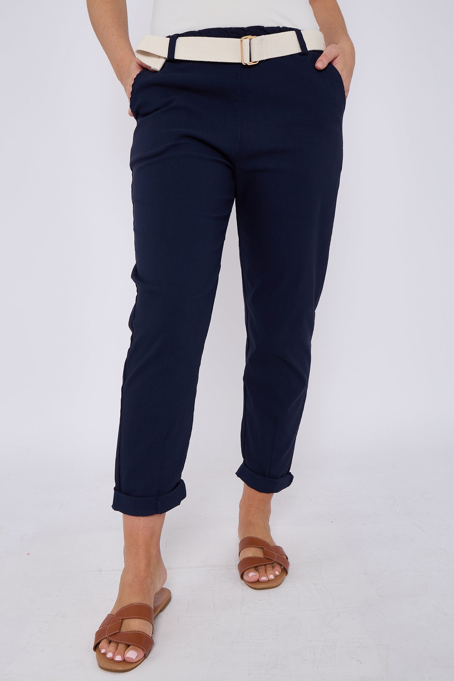 PLAIN BELTED ELASTICATED WAIST BELTED TROUSERS