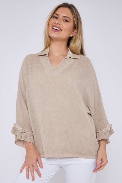 WASHED LINEN FRILL SLEEVE V-NECK COLLARED TOP