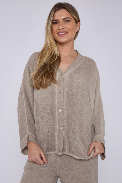 WASHED LINEN V-NECK BUTTON THROUGH TOP