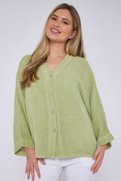 WASHED LINEN V-NECK BUTTON THROUGH TOP