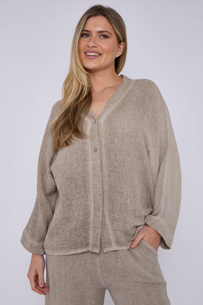 WASHED LINEN V-NECK BUTTON THROUGH TOP