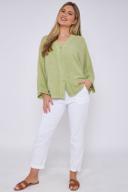 WASHED LINEN V-NECK BUTTON THROUGH TOP