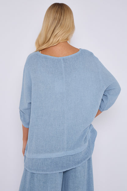 WASHED LINEN BUTTON SLEEVE LAYERED TOP
