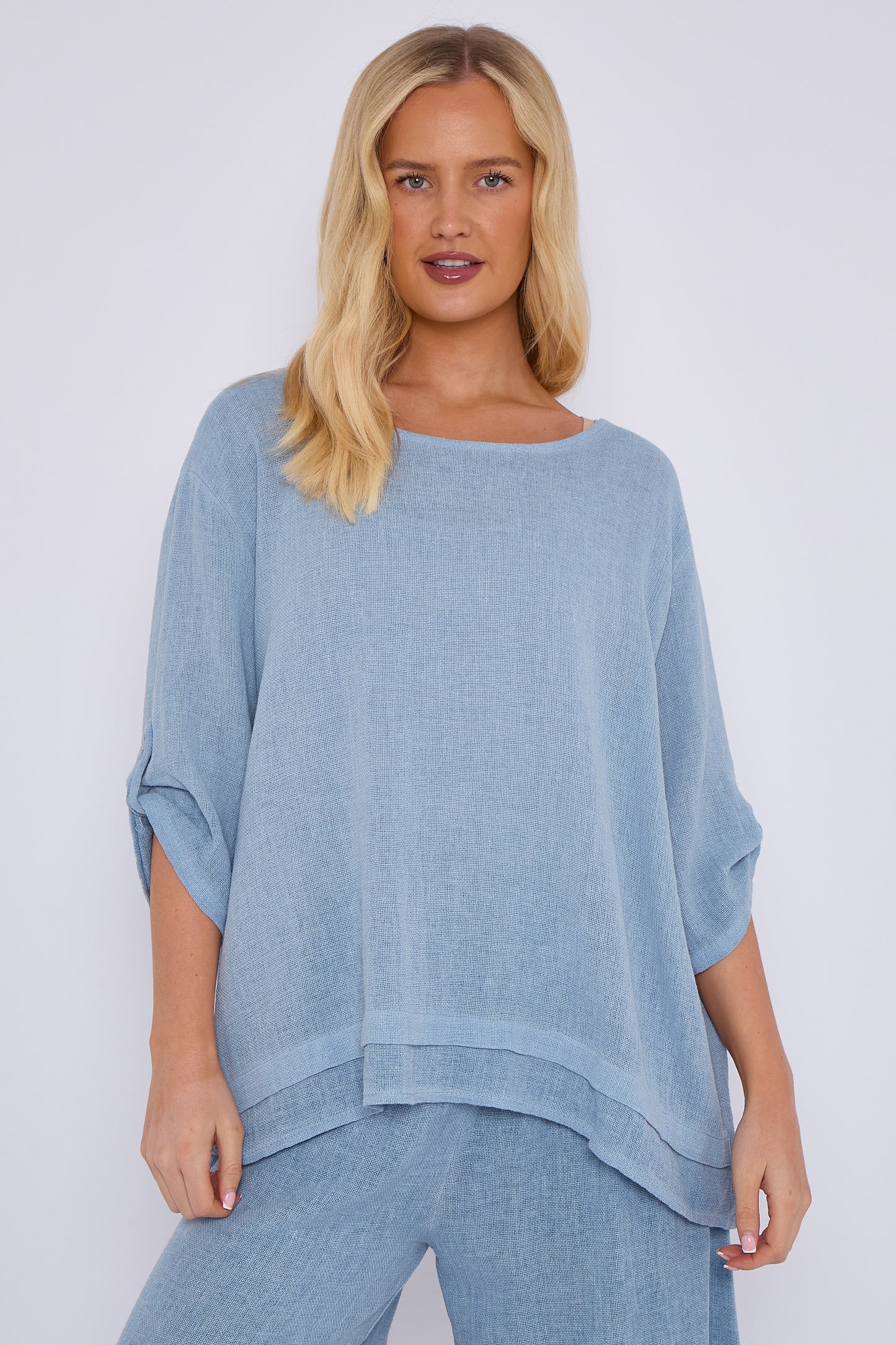 WASHED LINEN BUTTON SLEEVE LAYERED TOP