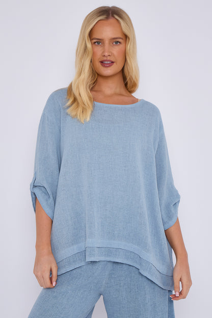 WASHED LINEN BUTTON SLEEVE LAYERED TOP