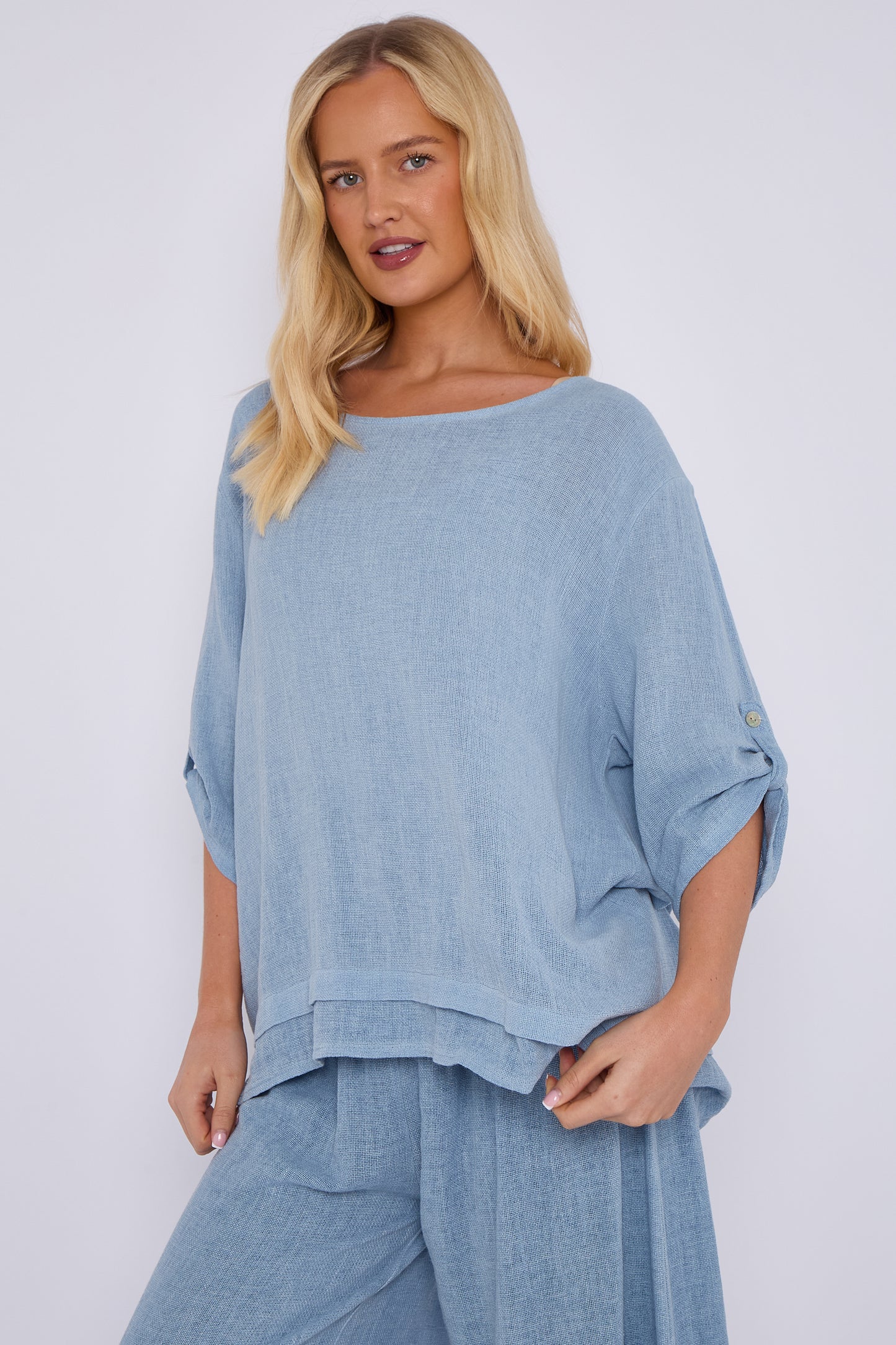 WASHED LINEN BUTTON SLEEVE LAYERED TOP