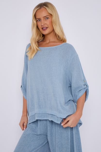 WASHED LINEN BUTTON SLEEVE LAYERED TOP