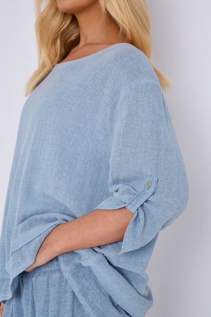 WASHED LINEN BUTTON SLEEVE LAYERED TOP
