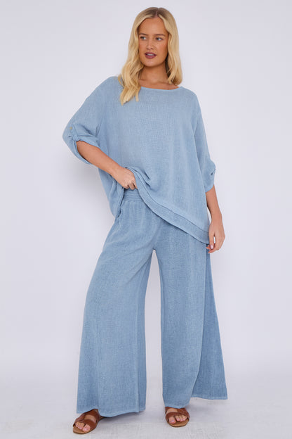 WASHED LINEN BUTTON SLEEVE LAYERED TOP