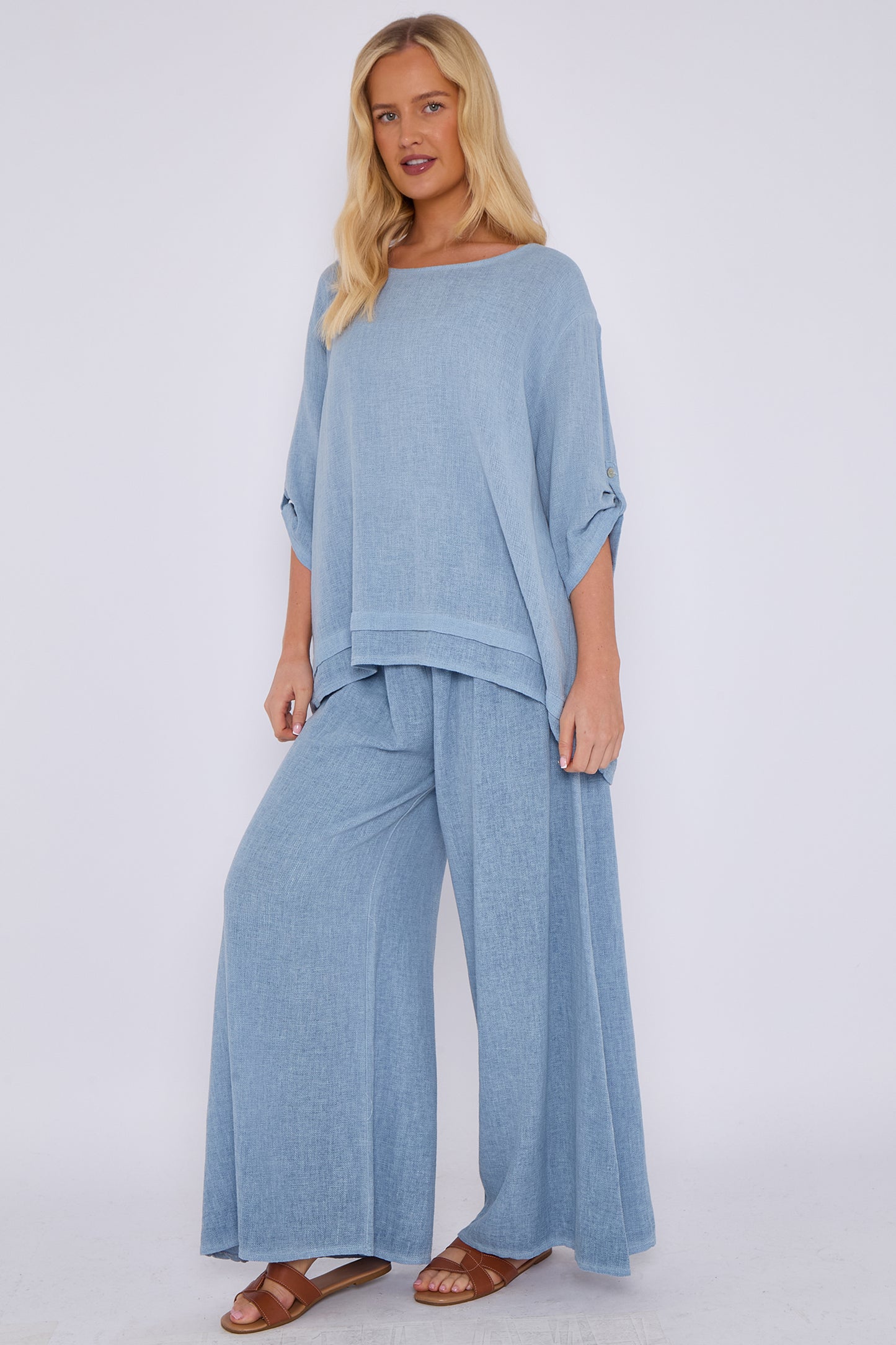 WASHED LINEN BUTTON SLEEVE LAYERED TOP