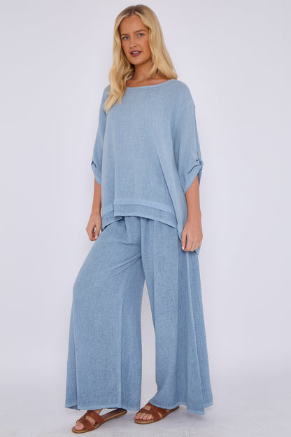 WASHED LINEN BUTTON SLEEVE LAYERED TOP