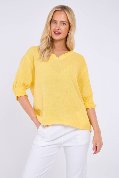 WASHED LINEN FRILL V-NECK SHIRRED SLEEVE TOP