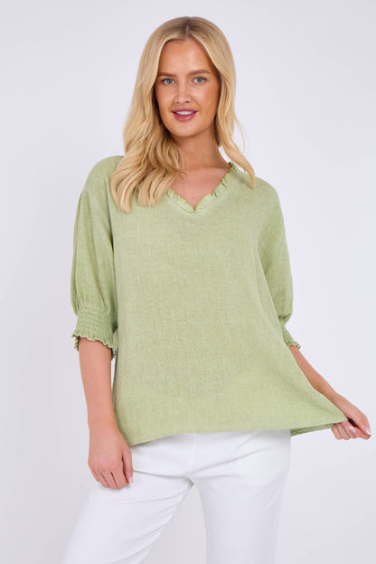 WASHED LINEN FRILL V-NECK SHIRRED SLEEVE TOP