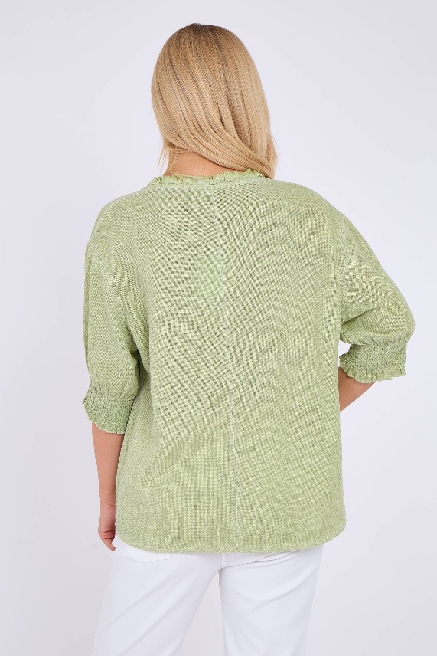 WASHED LINEN FRILL V-NECK SHIRRED SLEEVE TOP