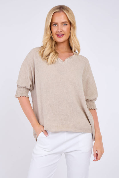 WASHED LINEN FRILL V-NECK SHIRRED SLEEVE TOP