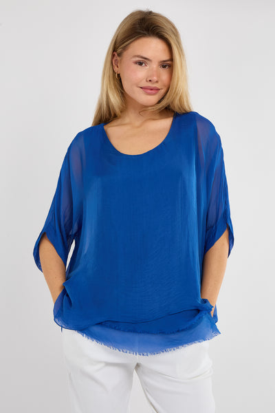 FRAYED HEM SILK TOP
