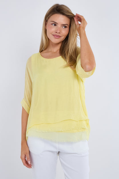 FRAYED HEM SILK TOP