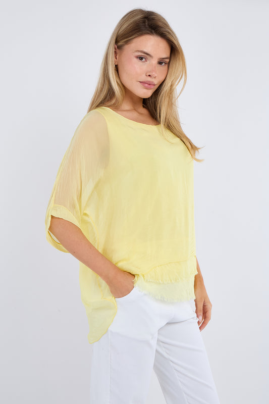 FRAYED HEM SILK TOP