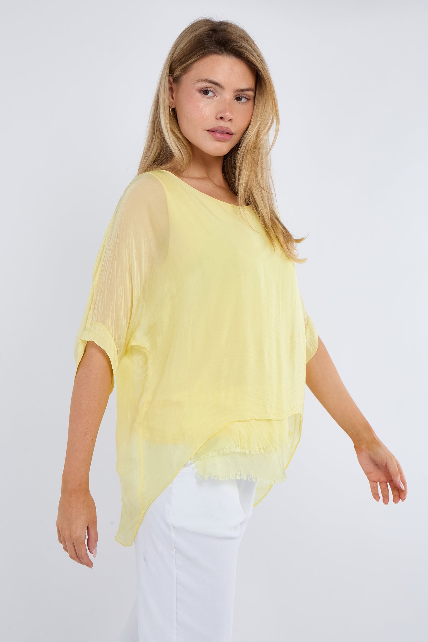 FRAYED HEM SILK TOP