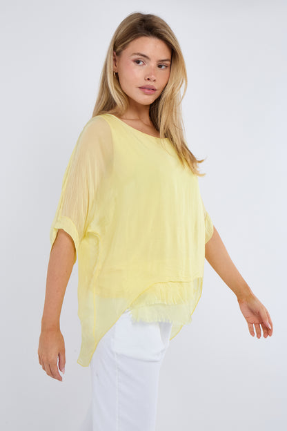 FRAYED HEM SILK TOP