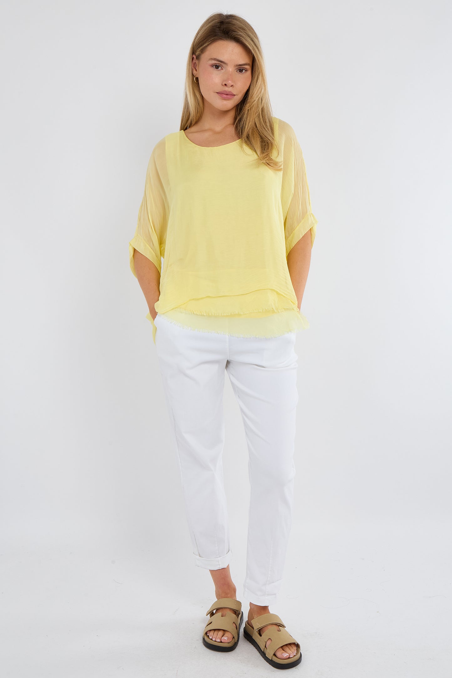 FRAYED HEM SILK TOP