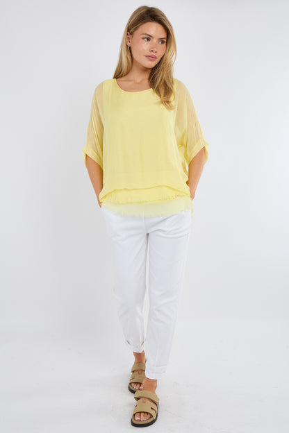 FRAYED HEM SILK TOP