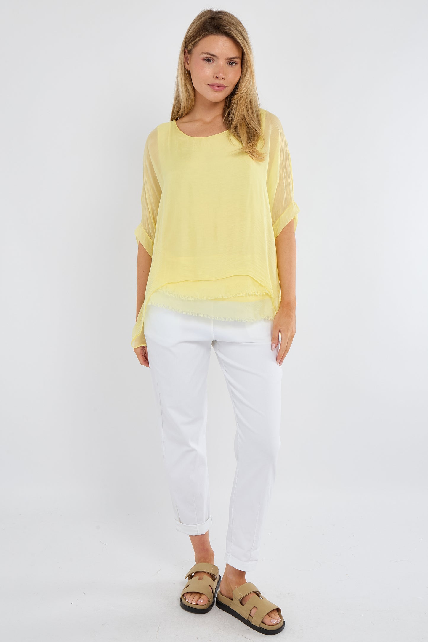 FRAYED HEM SILK TOP