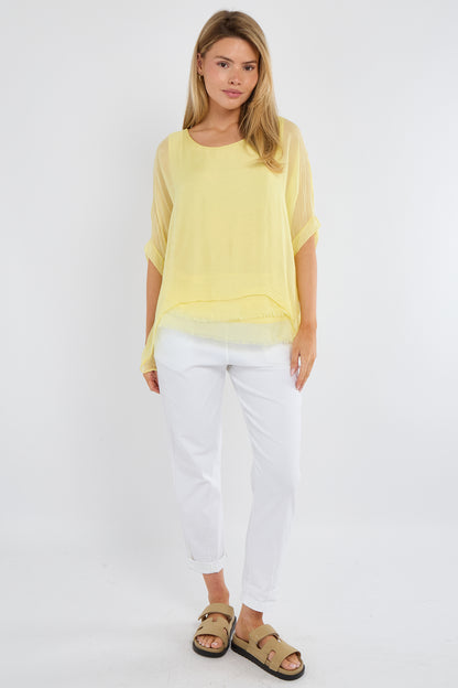 FRAYED HEM SILK TOP
