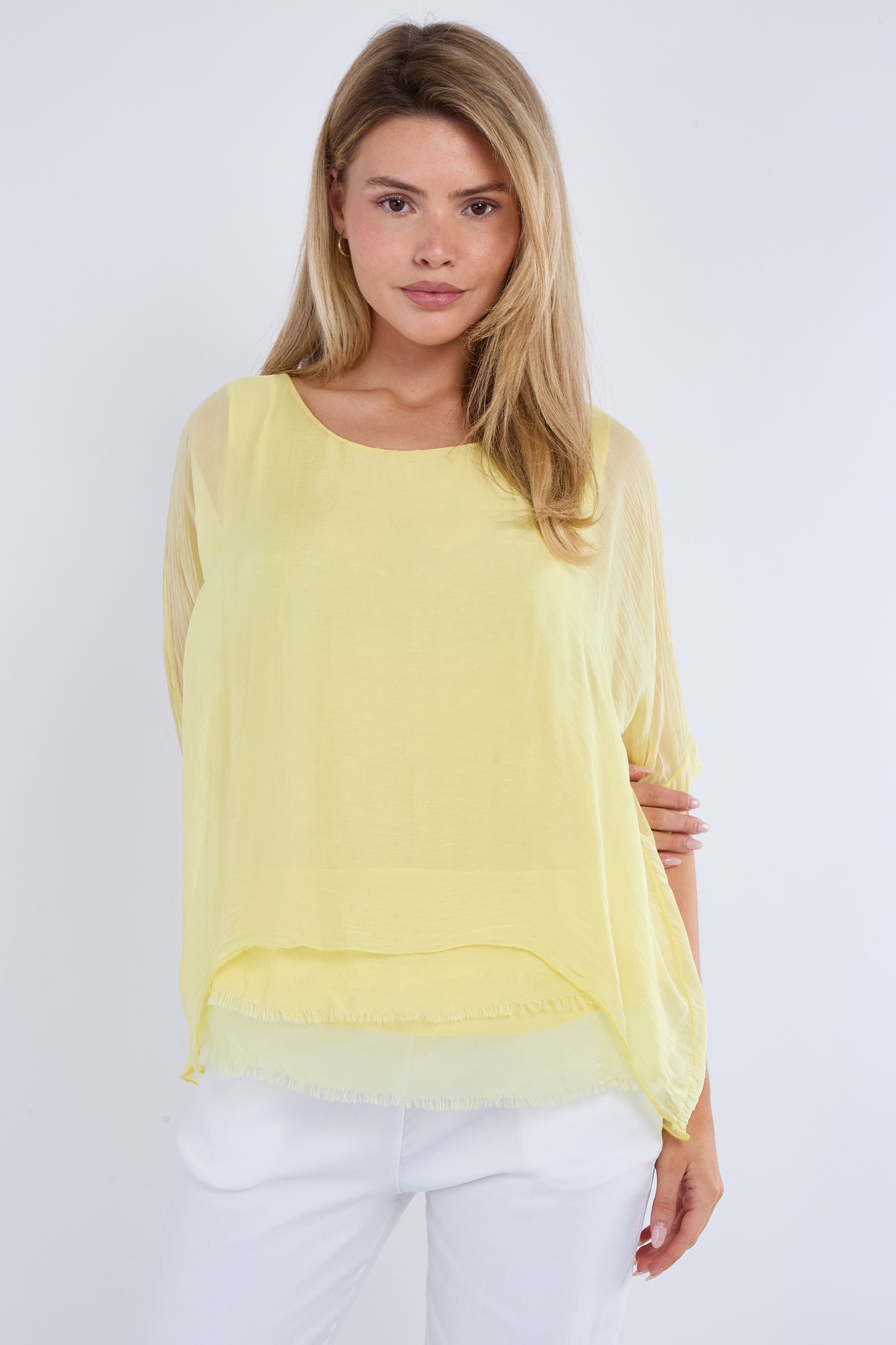 FRAYED HEM SILK TOP