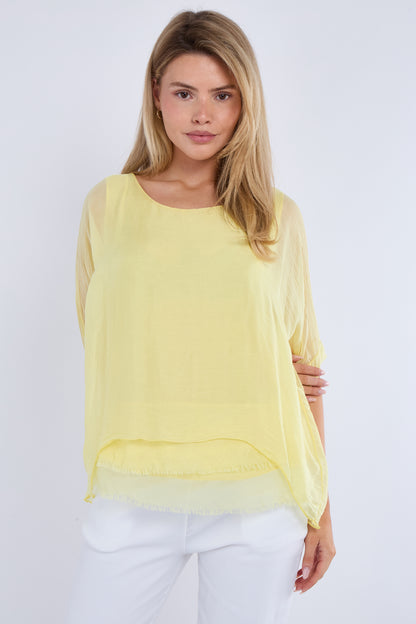 FRAYED HEM SILK TOP